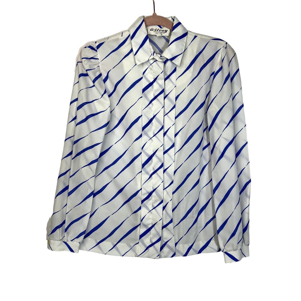 Vintage The Wilroy Traveller White & Blue Stripes Long Sleeve Button Up Blouse 8